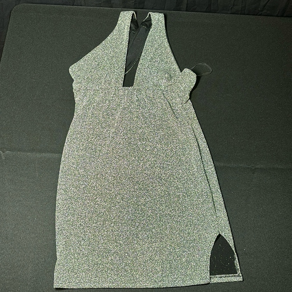 Shimmering Plunge Neck Cross Back Silver Mini Dress